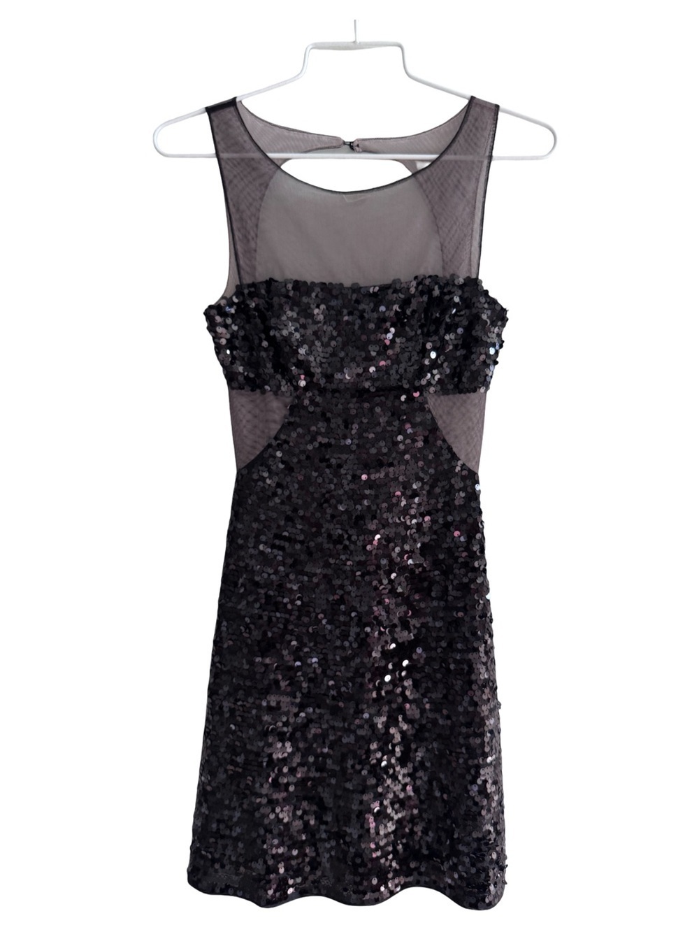 BCBG Max Azria Lia Sequined Illusion Mesh Black Sheath Cocktail Dress Size XXS